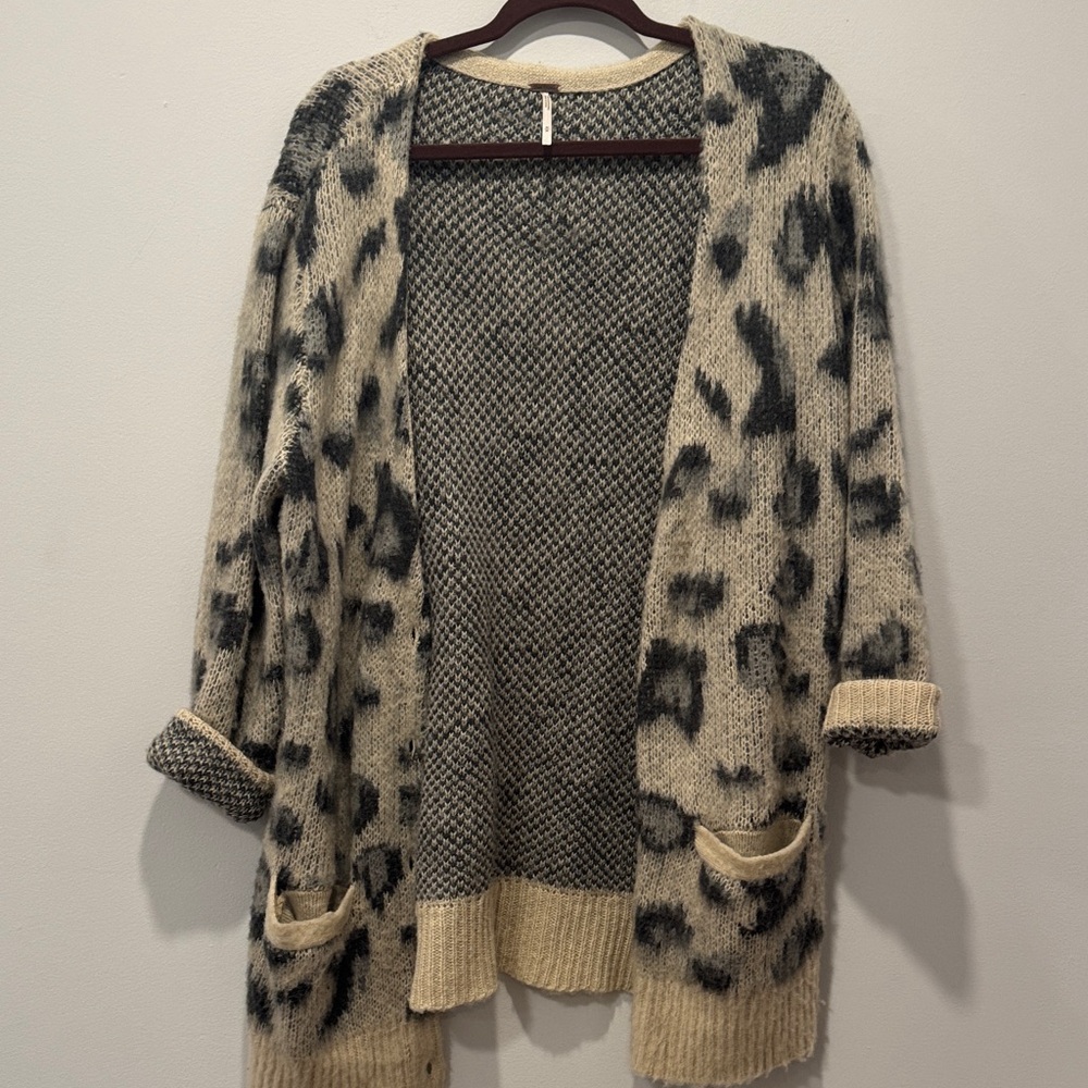Free People Cream and Gray Leopard-Print Open Cardigan